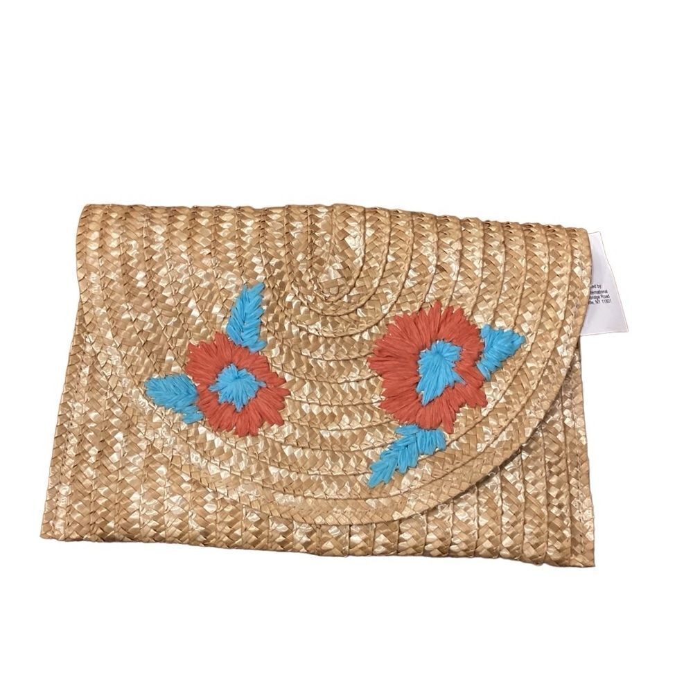 NEW Straw Floral Fold over Wristlet Clutch